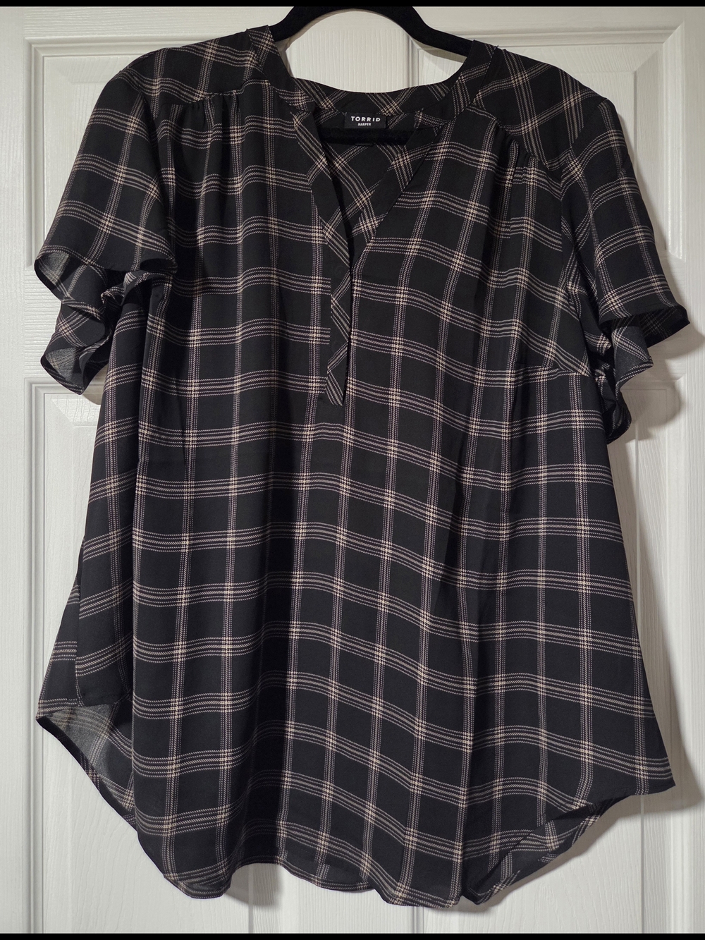Torrid Black Plaid Short-Sleeve V-Neck Blouse